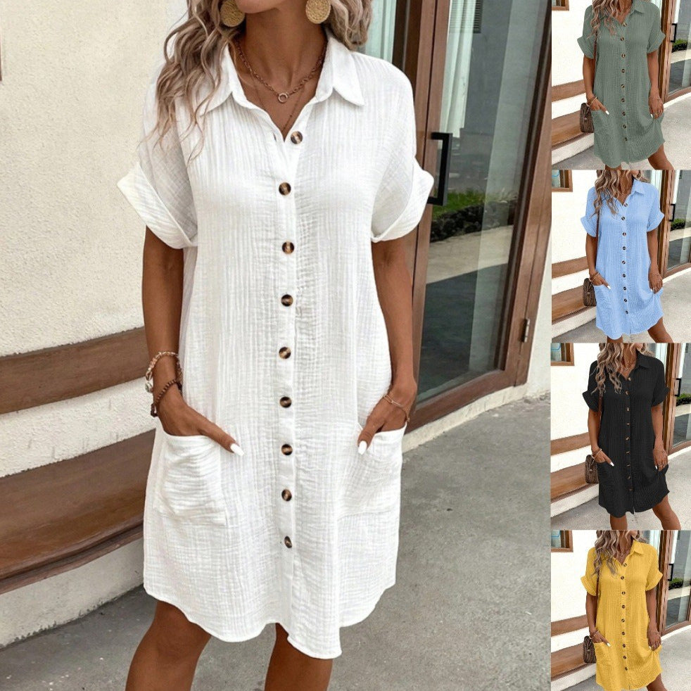 Women's Cotton Linen Shirt Dress – V-Neck Button-Front A-Line Dress
