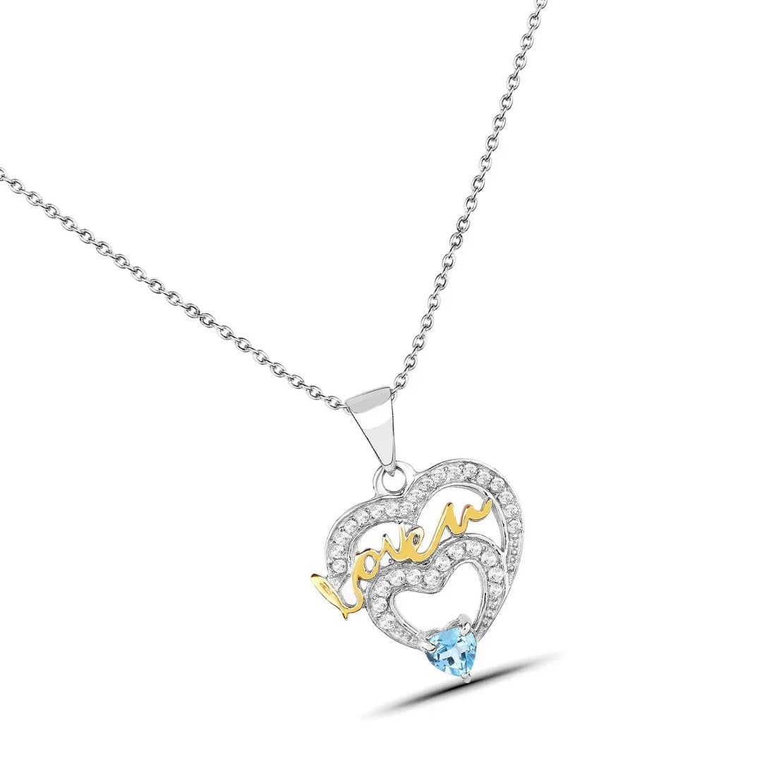 Heart Swiss Blue Topaz Prong Silver Mom Pendant Necklace