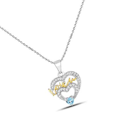 Heart Swiss Blue Topaz Prong Silver Mom Pendant Necklace