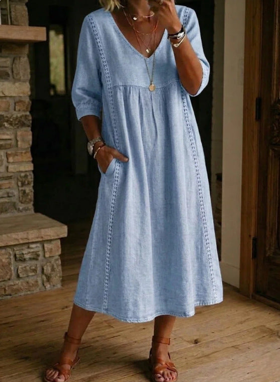 Women's Linen Cotton V-Neck Dress – Lace Trim, Loose Fit, 7 Colors – Zulily