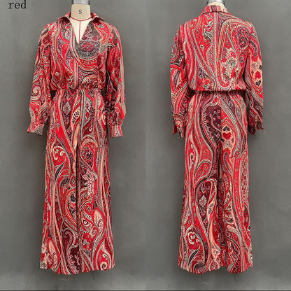 Women's Paisley Print Deep V Fringe Blouse & Wide-Leg Palazzo Pants Set