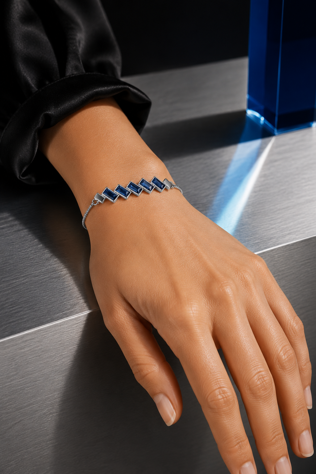 Silver Tanzanite Swarovski Crystal Bracelet – Baguette Crystal Adjustable Bracelet