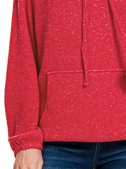 Zenana Brushed Hacci Melange Hooded Sweater