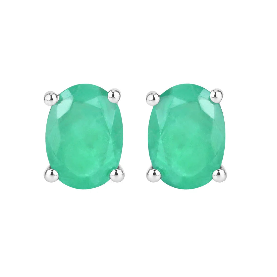 1.44 Ct Oval Green Zambian Emerald Prong 10K Gold Stud Earrings