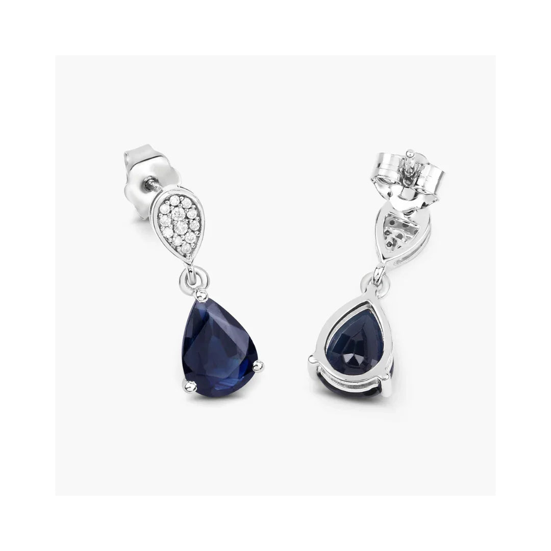 2.68 Ct Blue Sapphire & Diamond Prong 10K Gold Teardrop Dangle Earrings