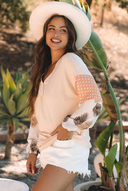 Threaded Pear Alora Palm Leaves Polka Dot Loose Blouse