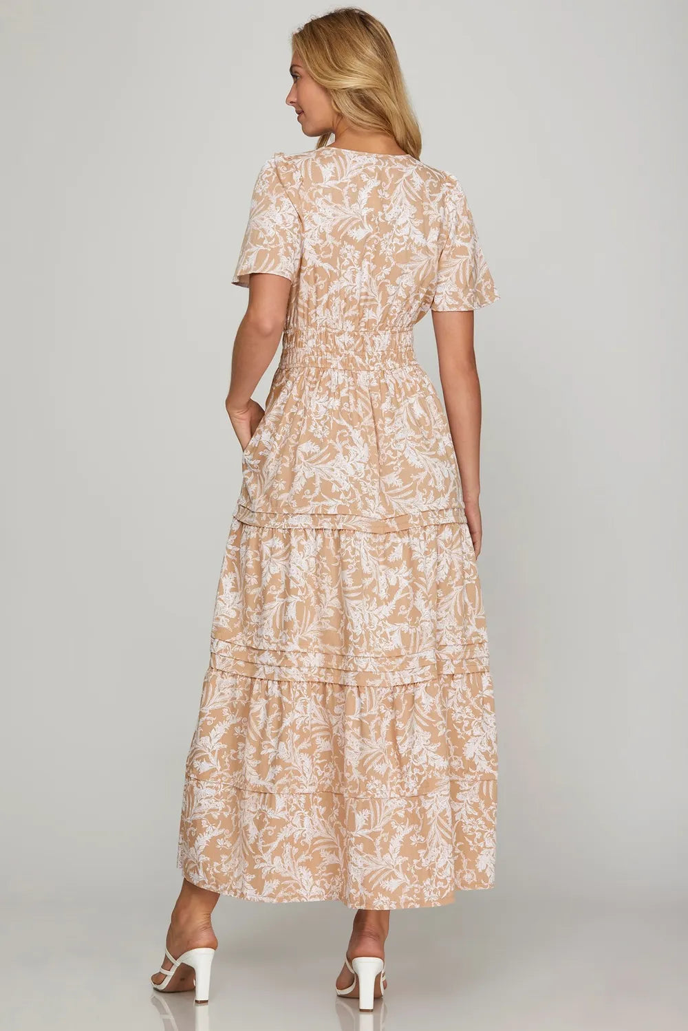 She + Sky Printed Notched Woven Tiered Pintuck Maxi Dress with Side Pockets