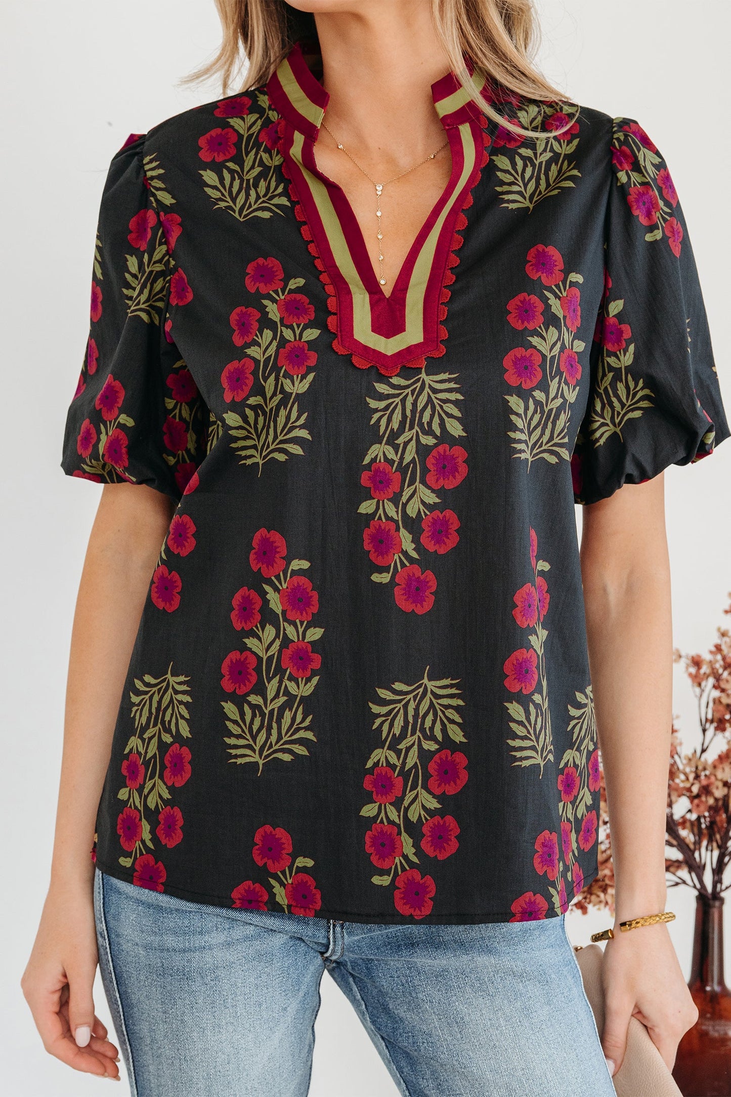 Threaded Pear Zoe Contrast Slit Neckline Blouse