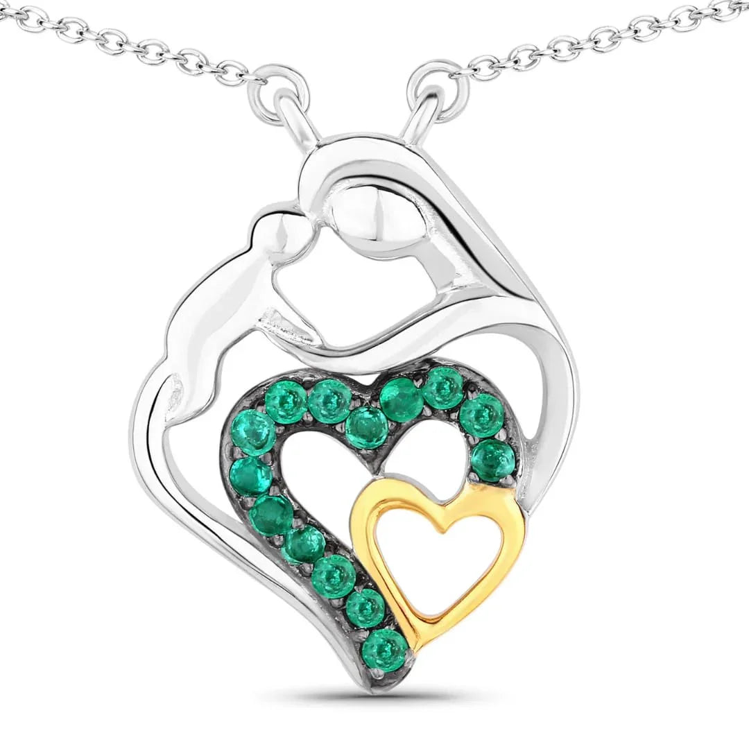 Genuine Emerald Prong Silver Double Heart Pendant Necklace