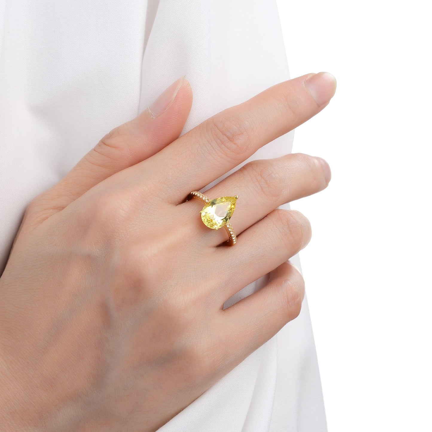 3.5 ct Yellow Pear Yellow Sapphire 18K Yellow Gold Over Silver Teardrop Pave Band Ring