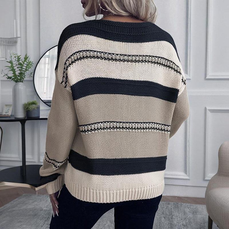 Women's French Vintage Striped Sweater | V-Neck Long Sleeve Stretch Knit Top