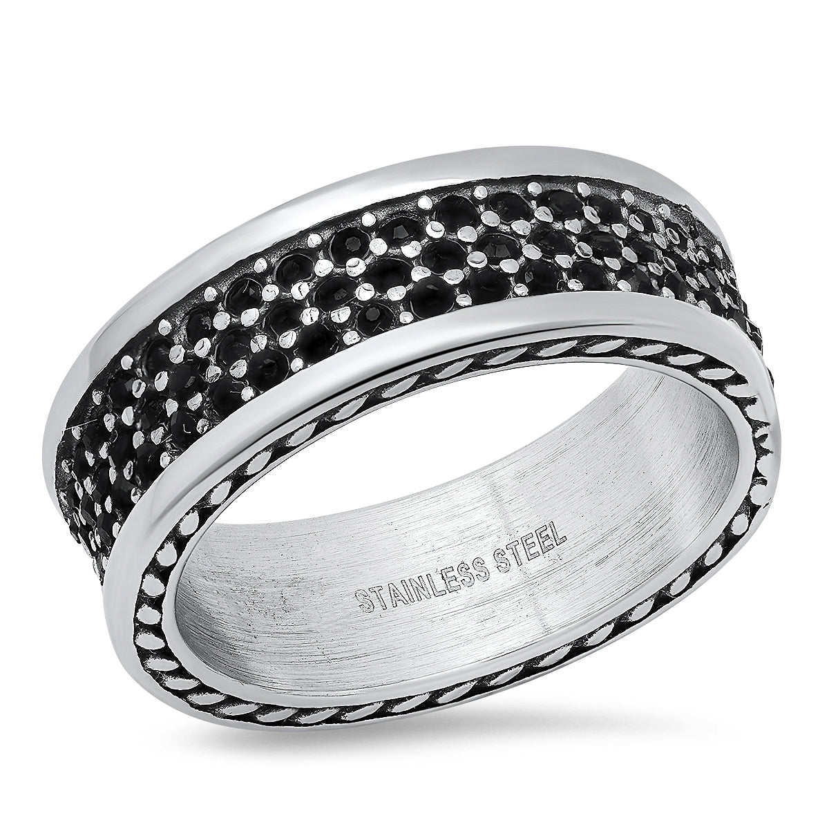Stainless Steel Rope Chain Inlay And Simulated Black Diamonds Band Ring