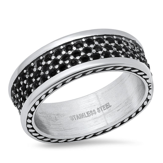 Stainless Steel Rope Chain Inlay And Simulated Black Diamonds Band Ring