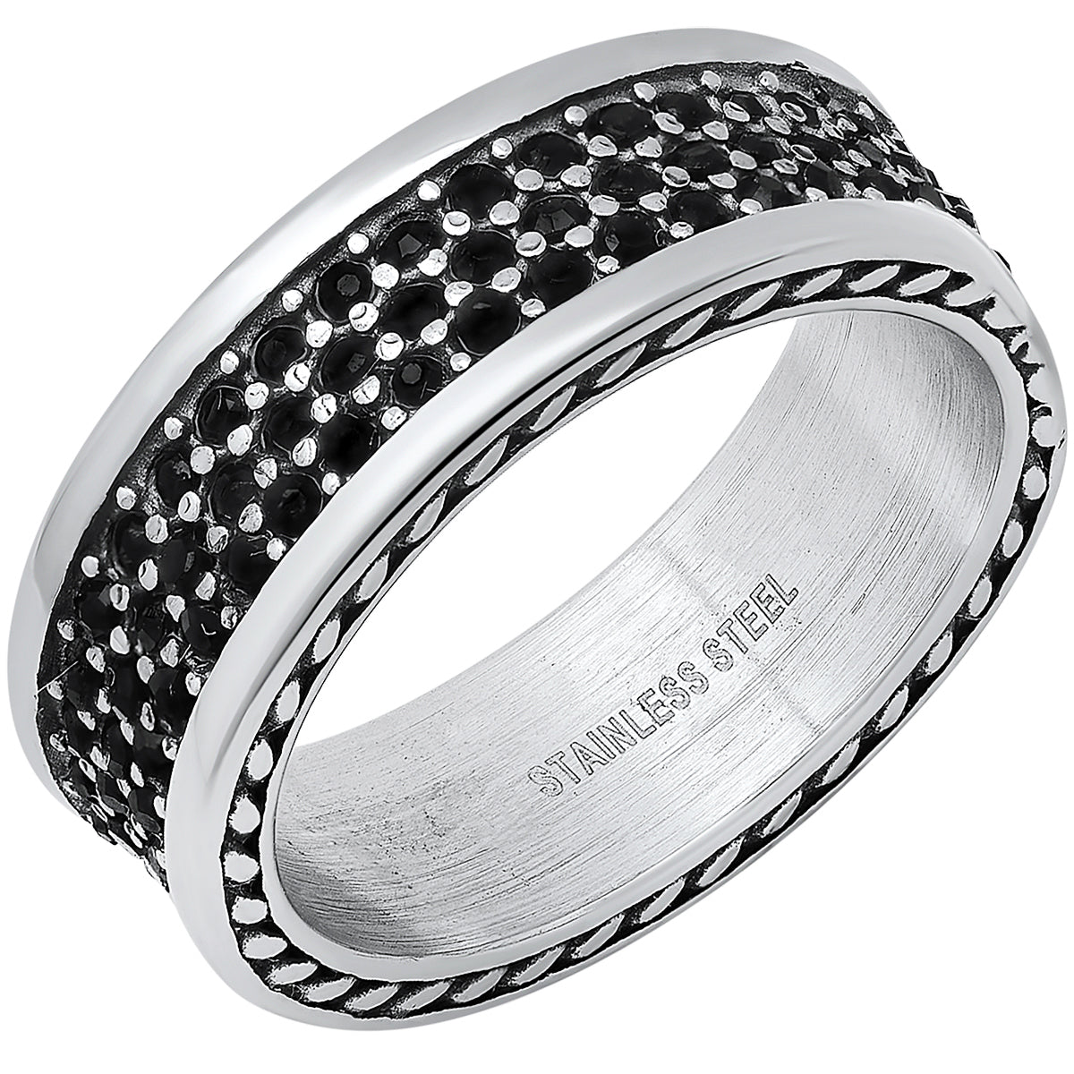 Stainless Steel Rope Chain Inlay And Simulated Black Diamonds Band Ring