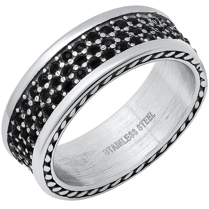 Stainless Steel Rope Chain Inlay And Simulated Black Diamonds Band Ring