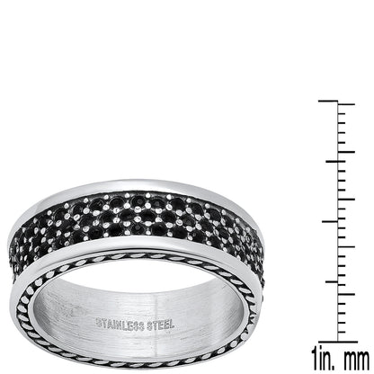 Stainless Steel Rope Chain Inlay And Simulated Black Diamonds Band Ring