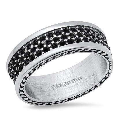 Stainless Steel Rope Chain Inlay And Simulated Black Diamonds Band Ring
