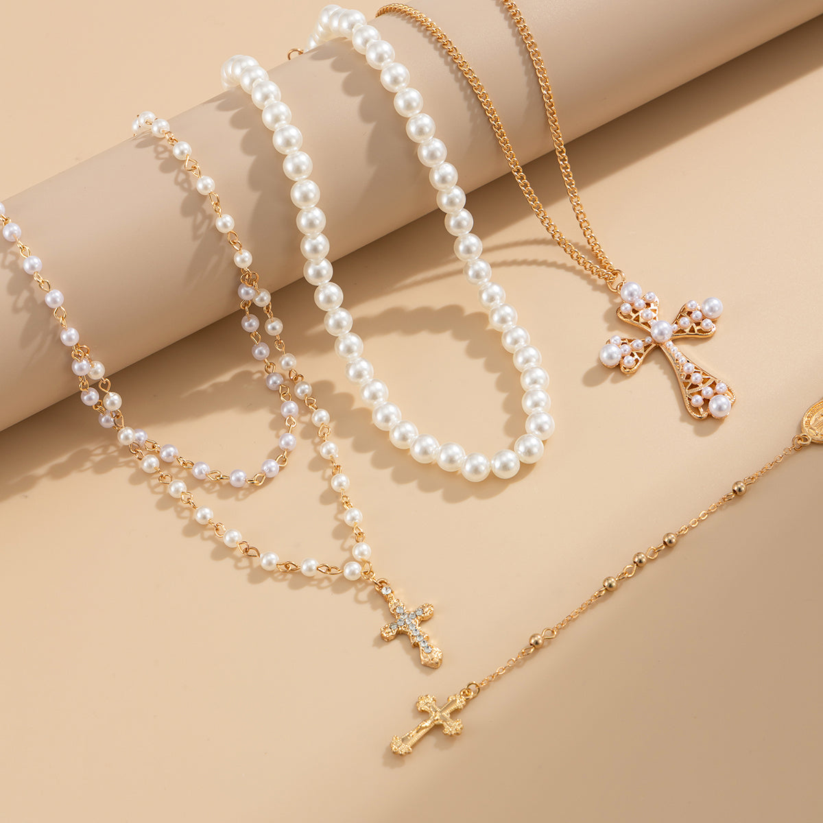 Cubic Zirconia & Pearl Goldtone Cross Pendant Necklace Set