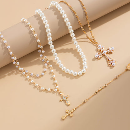 Cubic Zirconia & Pearl Goldtone Cross Pendant Necklace Set