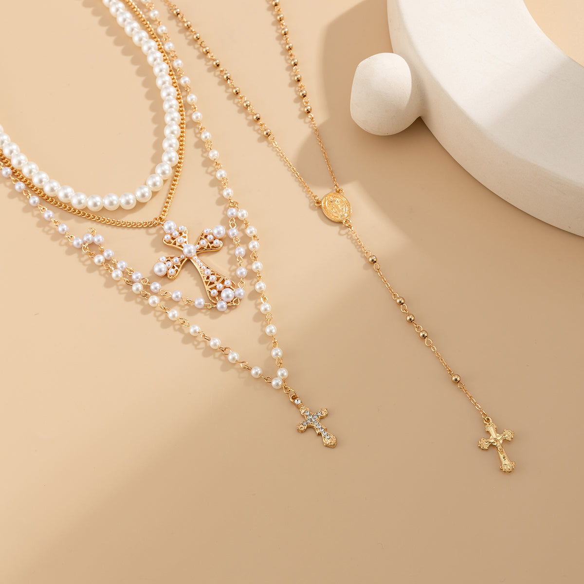 Cubic Zirconia & Pearl Goldtone Cross Pendant Necklace Set