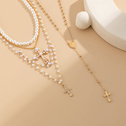 Cubic Zirconia & Pearl Goldtone Cross Pendant Necklace Set