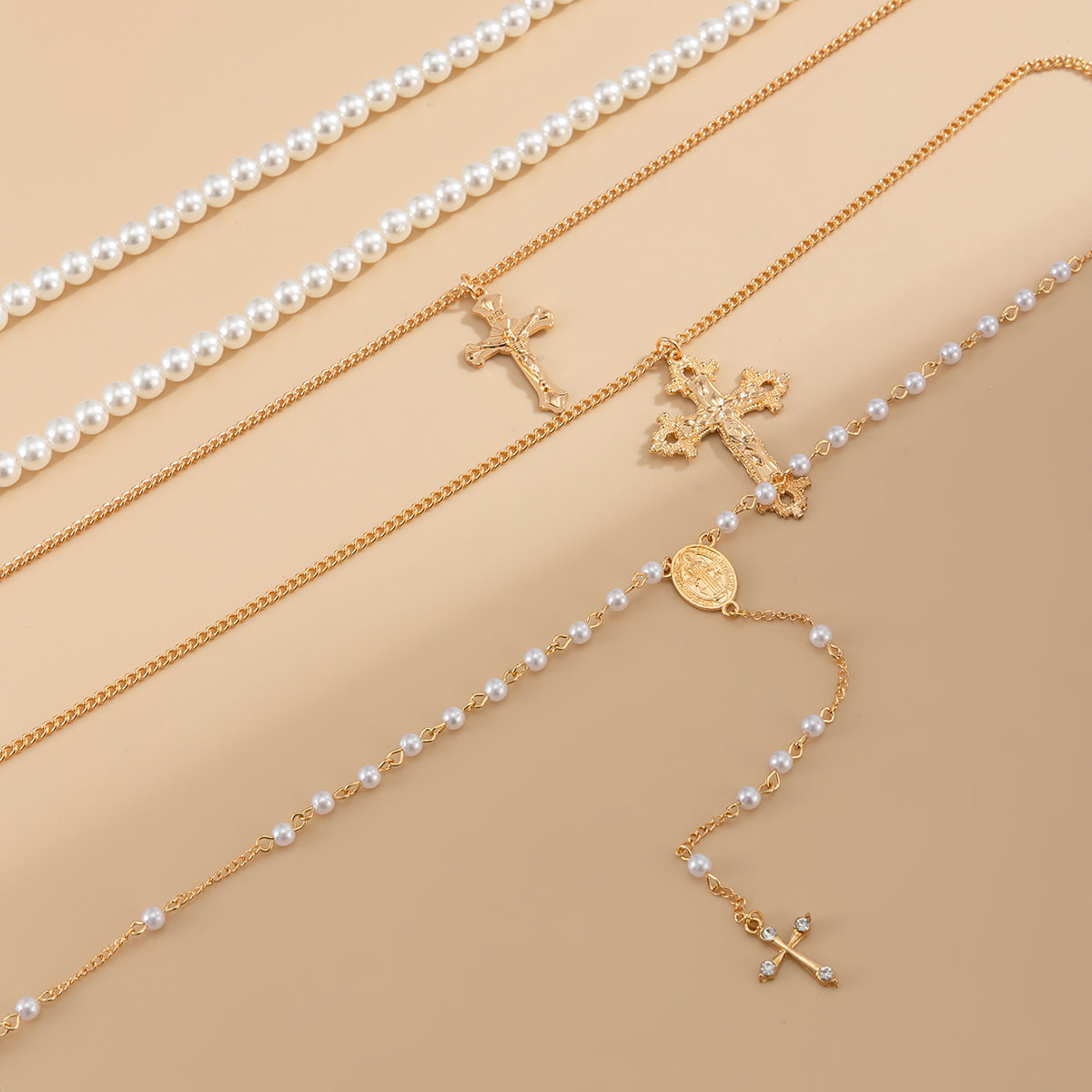 Cubic Zirconia & Pearl Goldtone Cross Drop Necklace Set