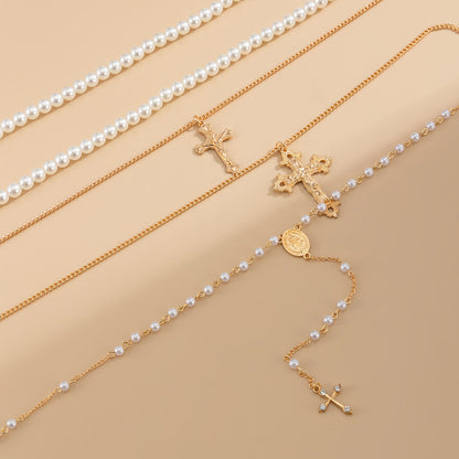 Cubic Zirconia & Pearl Goldtone Cross Drop Necklace Set