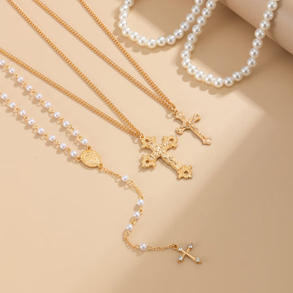 Cubic Zirconia & Pearl Goldtone Cross Drop Necklace Set