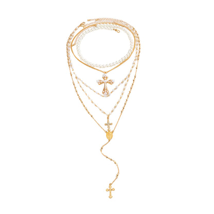 Cubic Zirconia & Pearl Goldtone Cross Pendant Necklace Set
