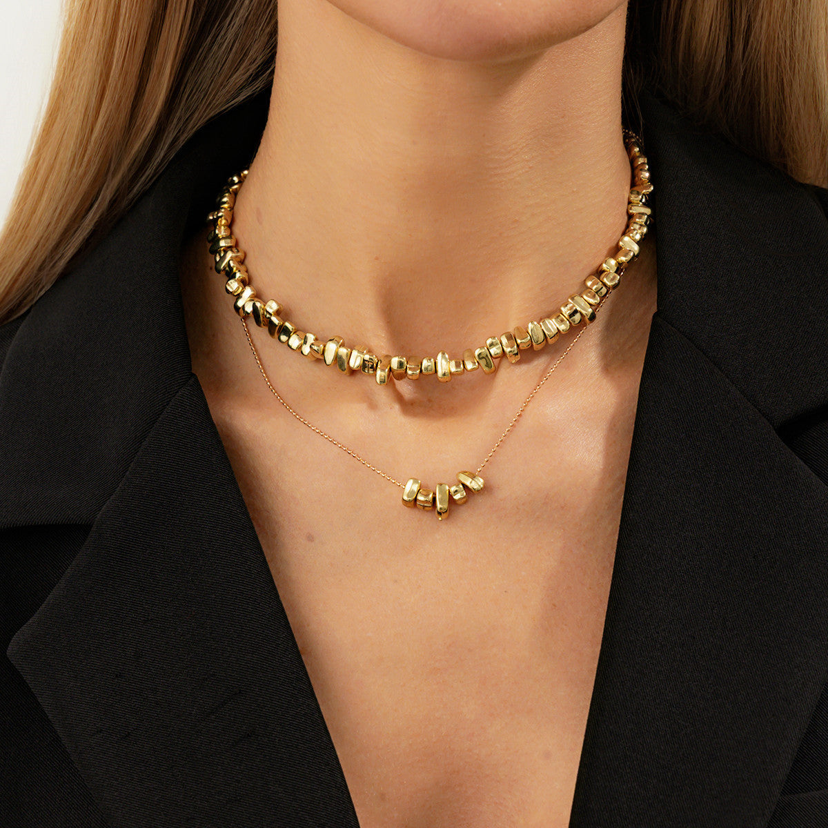 Goldtone Irregular Beads Chain Necklace Set