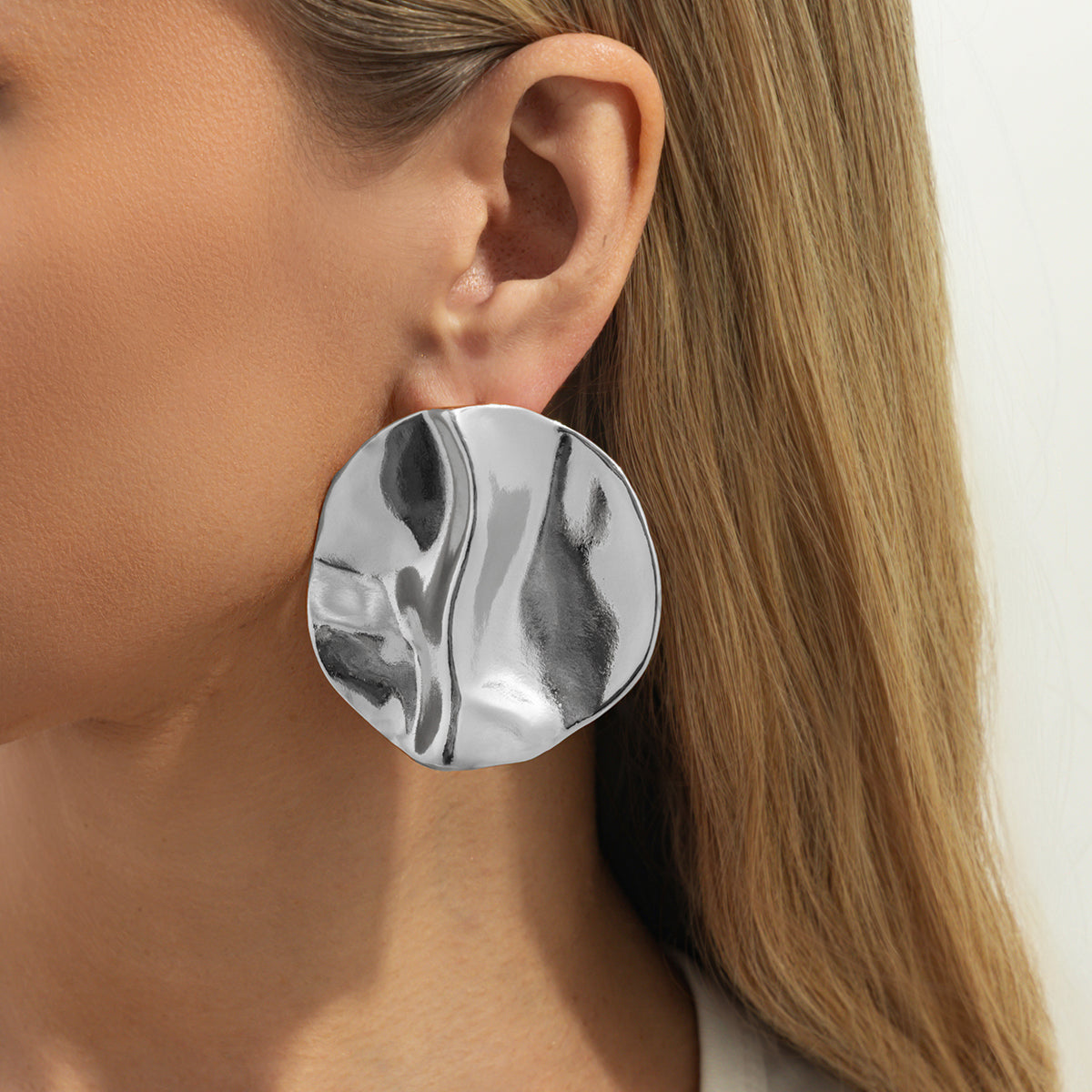 Silvertone Hammered Round Statement Earrings
