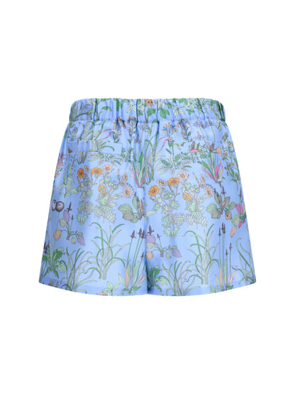 Shorts Printed Silk Twill Azure/Ivory