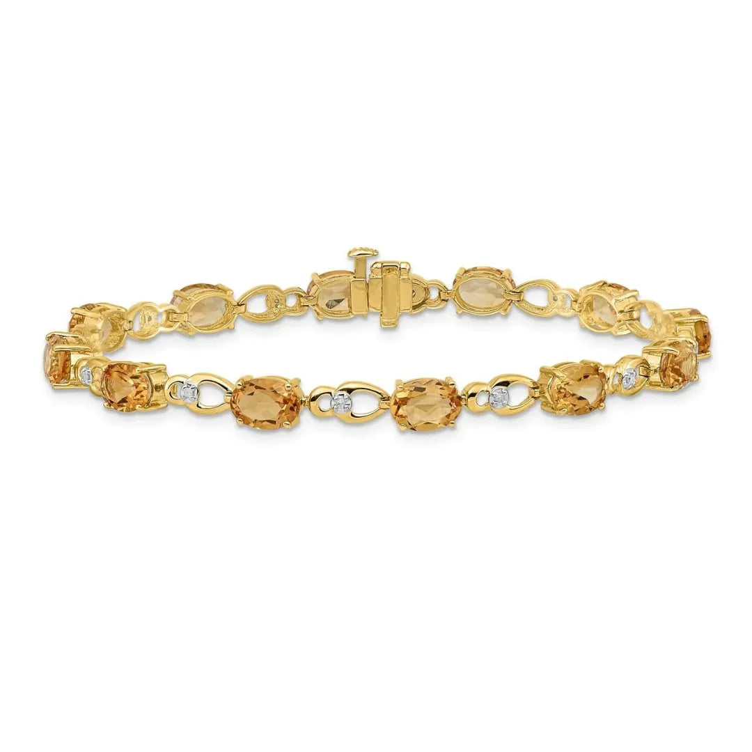 Oval Yellow Citrine & Diamond Prong 14K Yellow Gold Link Bracelet