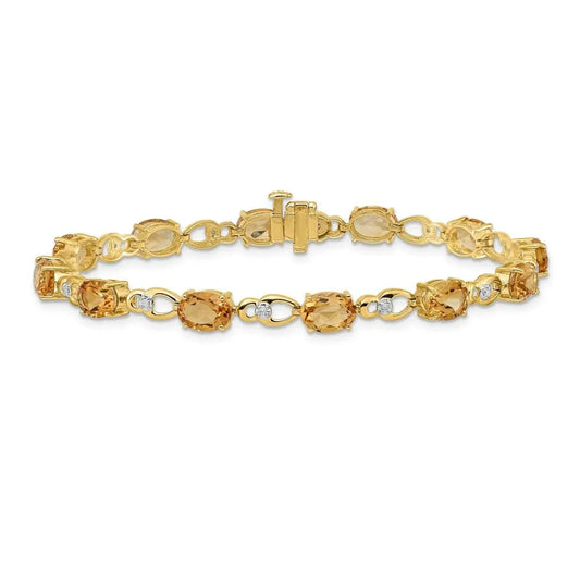 Oval Yellow Citrine & Diamond Prong 14K Yellow Gold Link Bracelet