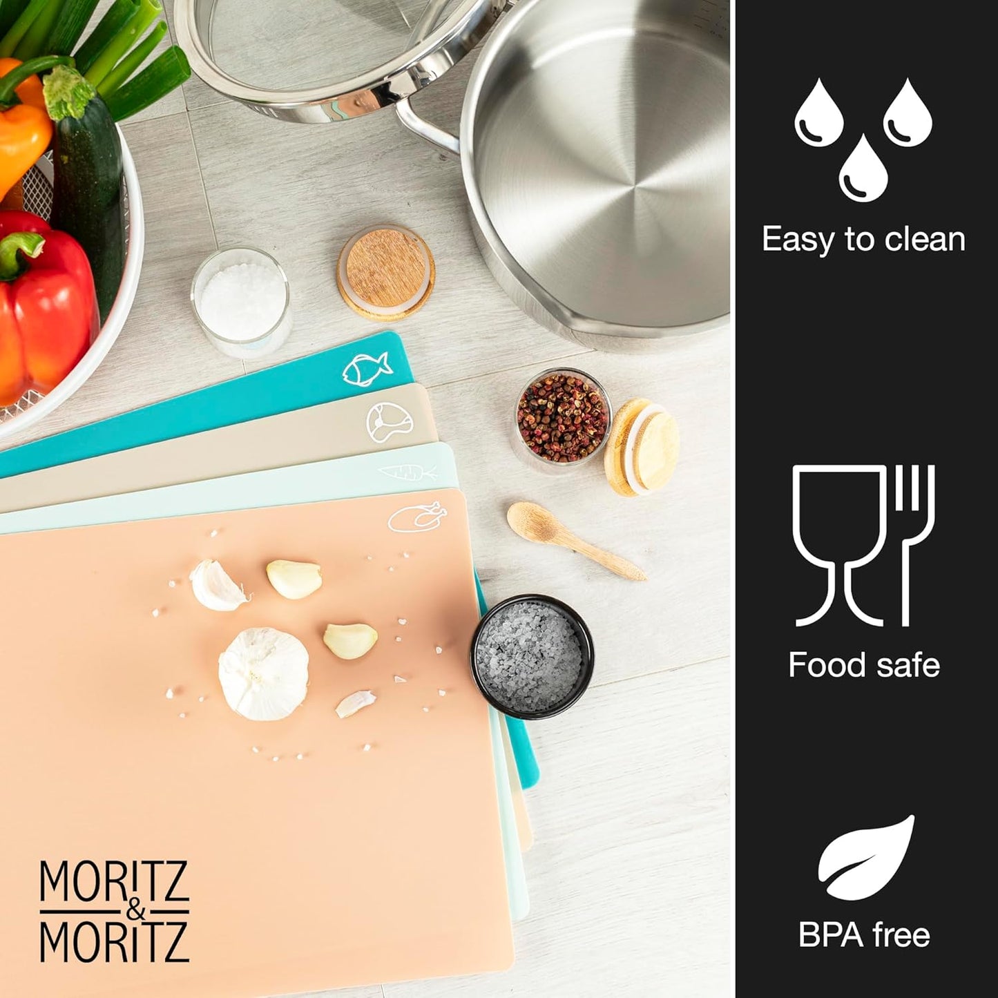Moritz & Moritz 4-Pack Flexible Kitchen Cutting Mats | Color-Coded, Food-Safe & Durable