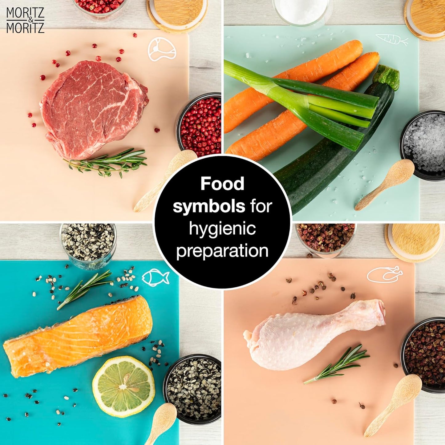 Moritz & Moritz 4-Pack Flexible Kitchen Cutting Mats | Color-Coded, Food-Safe & Durable