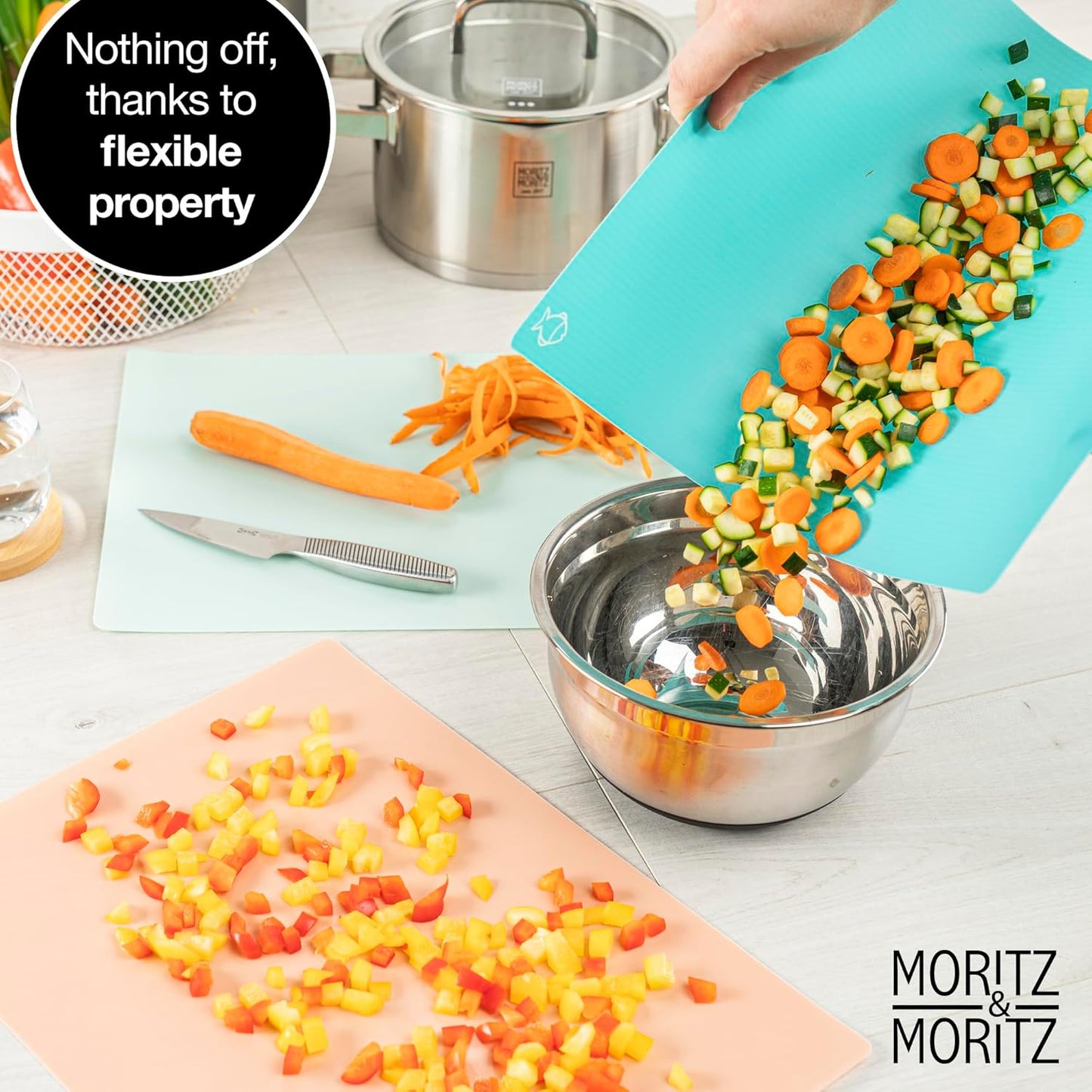 Moritz & Moritz 4-Pack Flexible Kitchen Cutting Mats | Color-Coded, Food-Safe & Durable