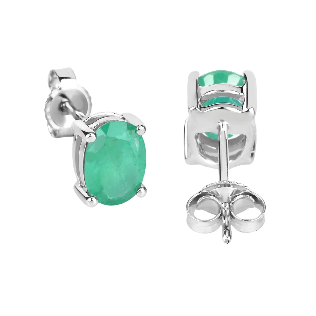 1.44 Ct Oval Green Zambian Emerald Prong 10K Gold Stud Earrings