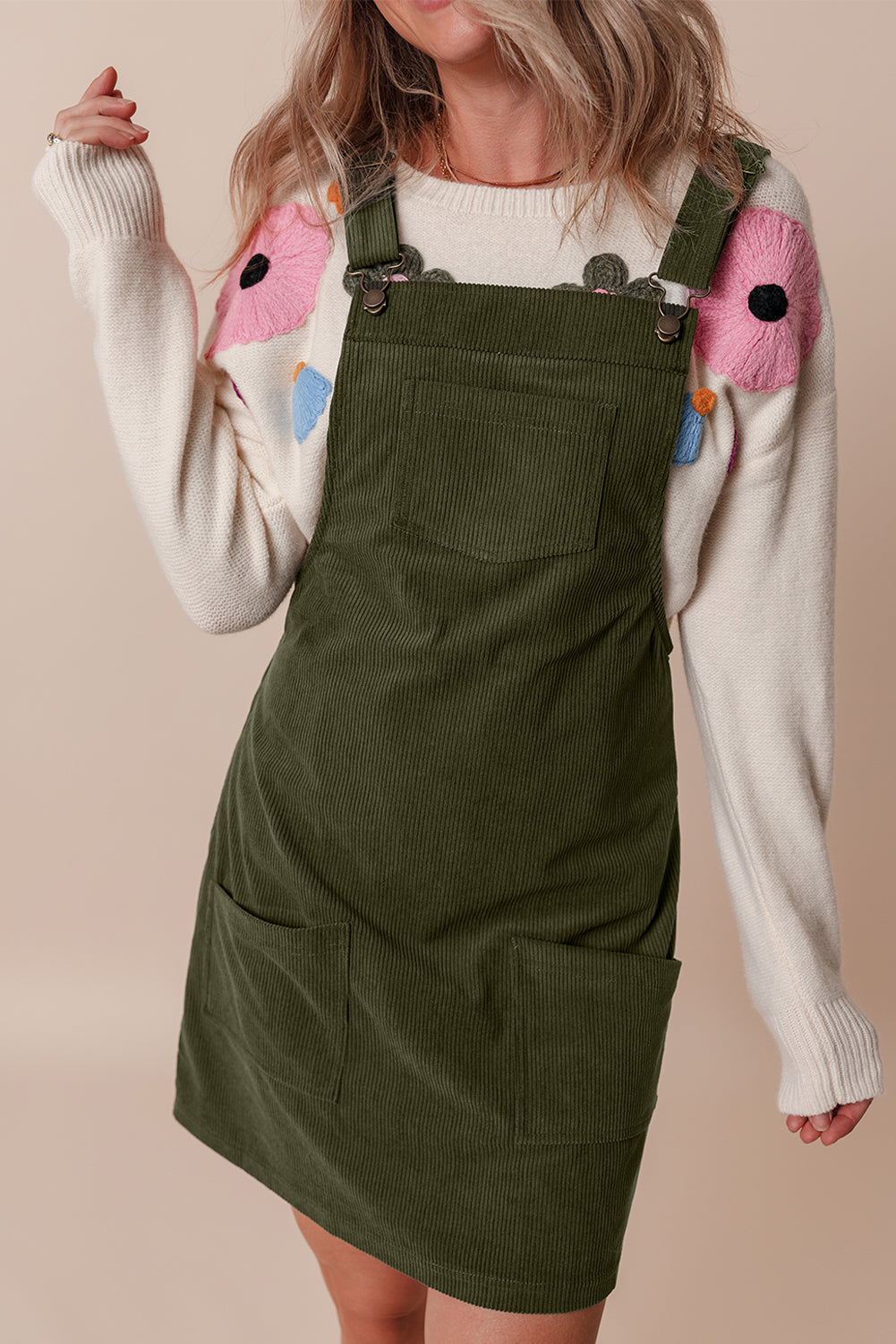 Alexis Front Pockets Corduroy Overall Dress. - Threaded Pear