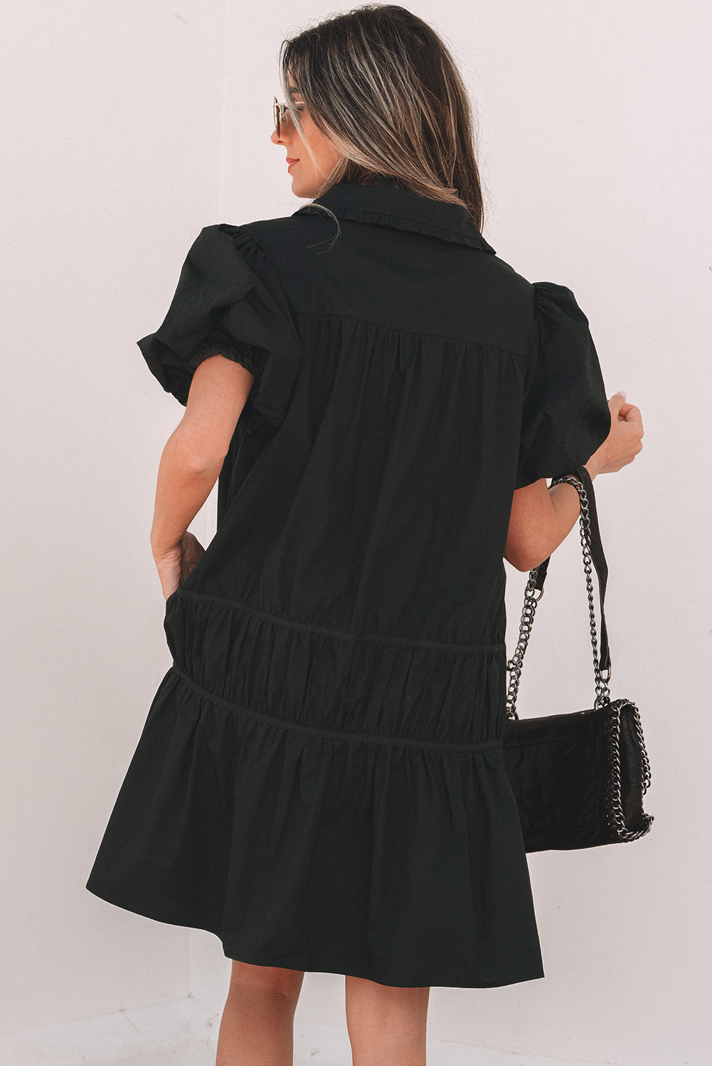 Threaded Pear Cassidy Button Down Puff Sleeve Ruffle Hem Dress