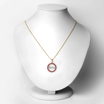 Round Pink Ruby Prong Gold Plated Silver Mom Circle Pendant Necklace