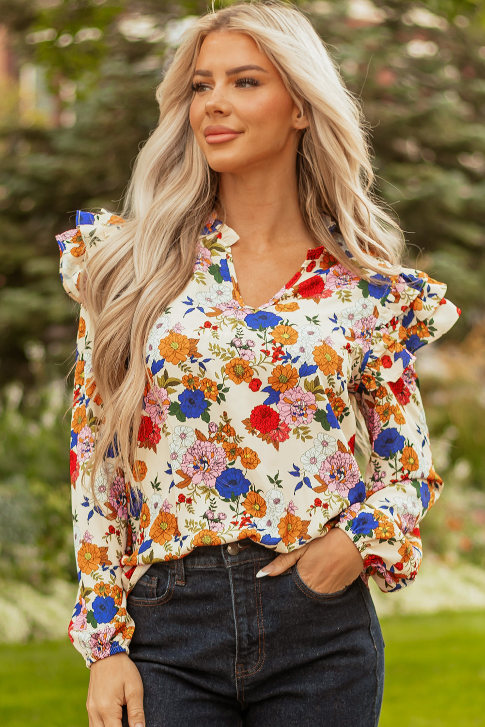 Threaded Pear Apricot Ruffled Shoulder Long Sleeve Floral Blouse
