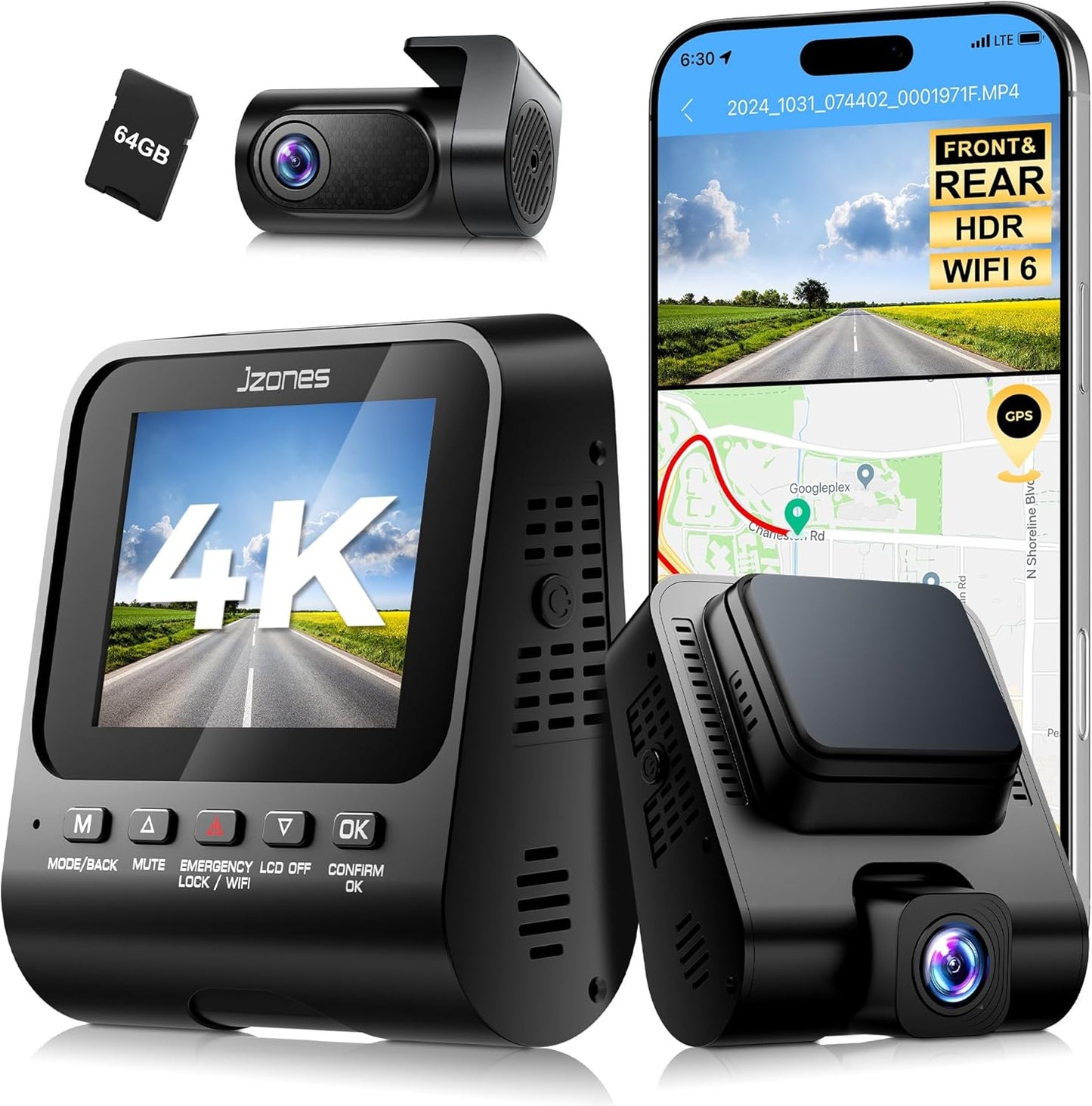 Jzones Dash Cam Front and Rear 4K Ultra HD