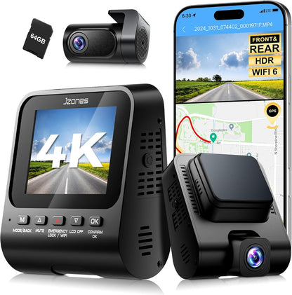 Jzones Dash Cam Front and Rear 4K Ultra HD