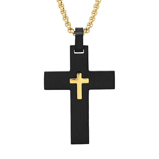Black Ion Plated Center Cross Pendant Necklace