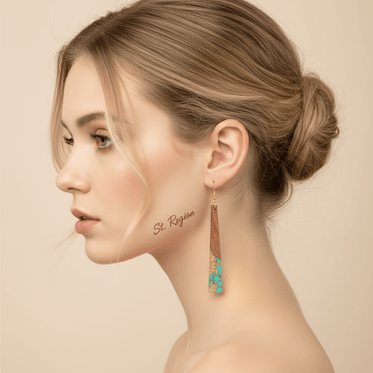 Green Resin & Wood Goldtone Long ?Trapezoid Hook Earrings