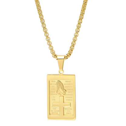 18K Gold Plated Stainless Steel Rounded Box Chain Necklace With Serenity Prayer Plate And Prayer Hands Pendant