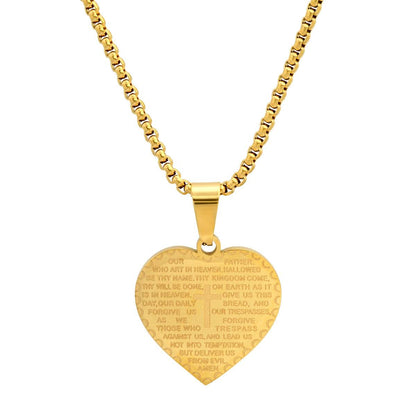 Ladies Stainless Steel Heart Shape Our Father English Prayer Pendant