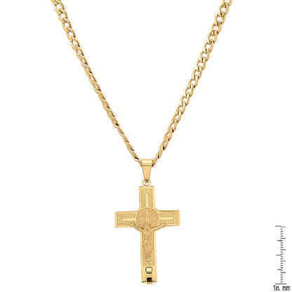 Stainless Steel St. Benedict Crucifix Pendant With Greek Key Accents