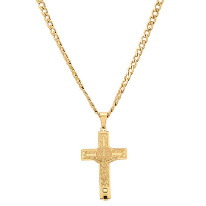 Stainless Steel St. Benedict Crucifix Pendant With Greek Key Accents